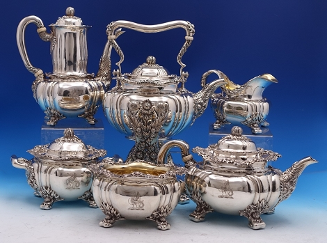 Tea Set 6-pc  sku#1052 - Chrysanthemum by Tiffany - Sterling - With Monogram